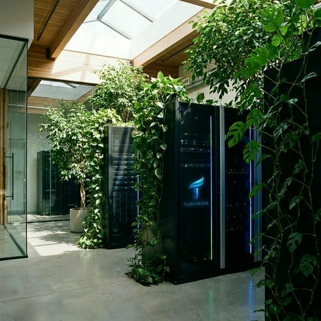 Realistic server racks integrated with greenery and Turheon logo